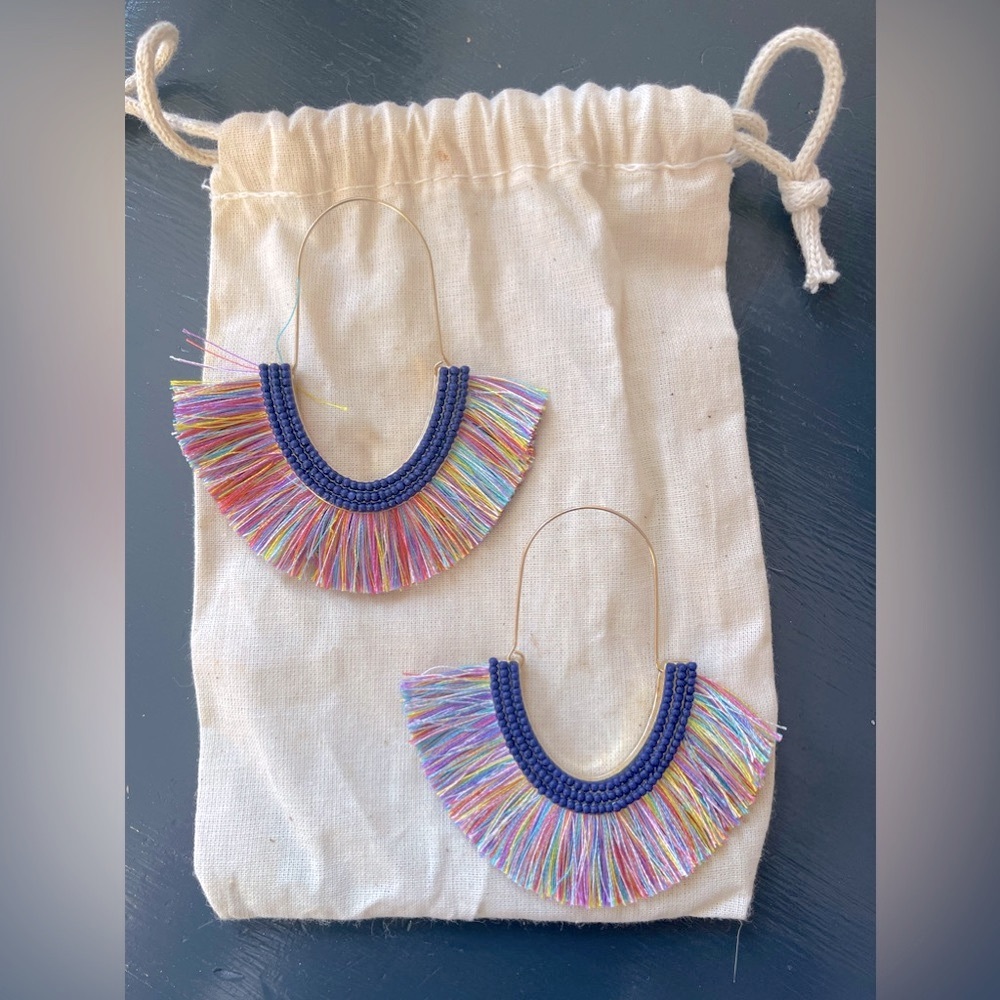 Festive fringe earrings. Beautiful royal blue with rainbow colors. New!